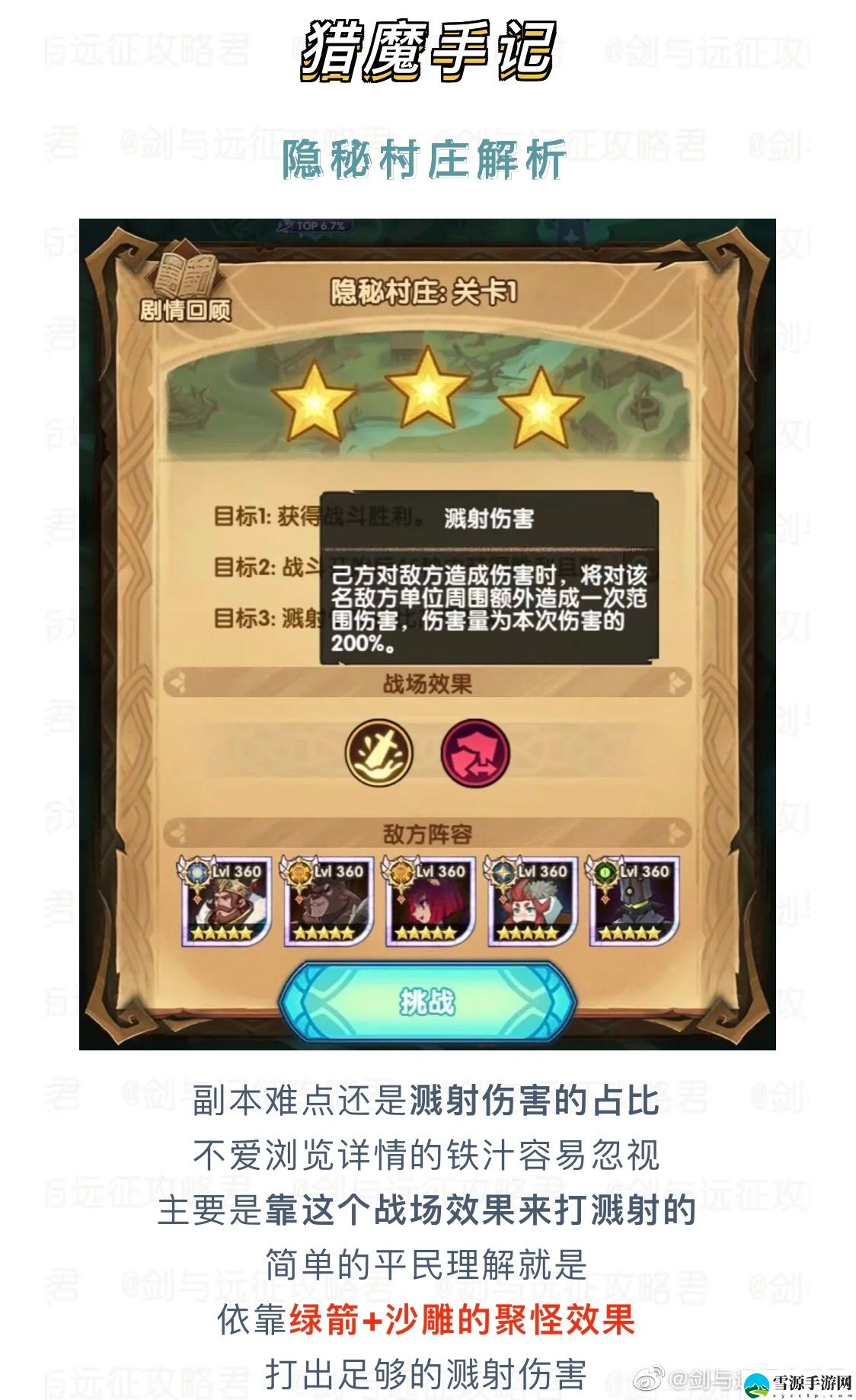 剑与远征隐秘村庄溅射伤害占比如何通关